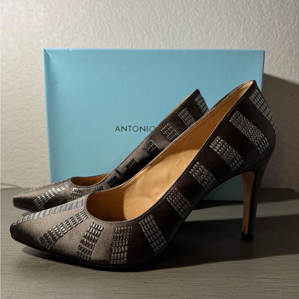 Antonio Melani Metallic and Satin Gray Heels